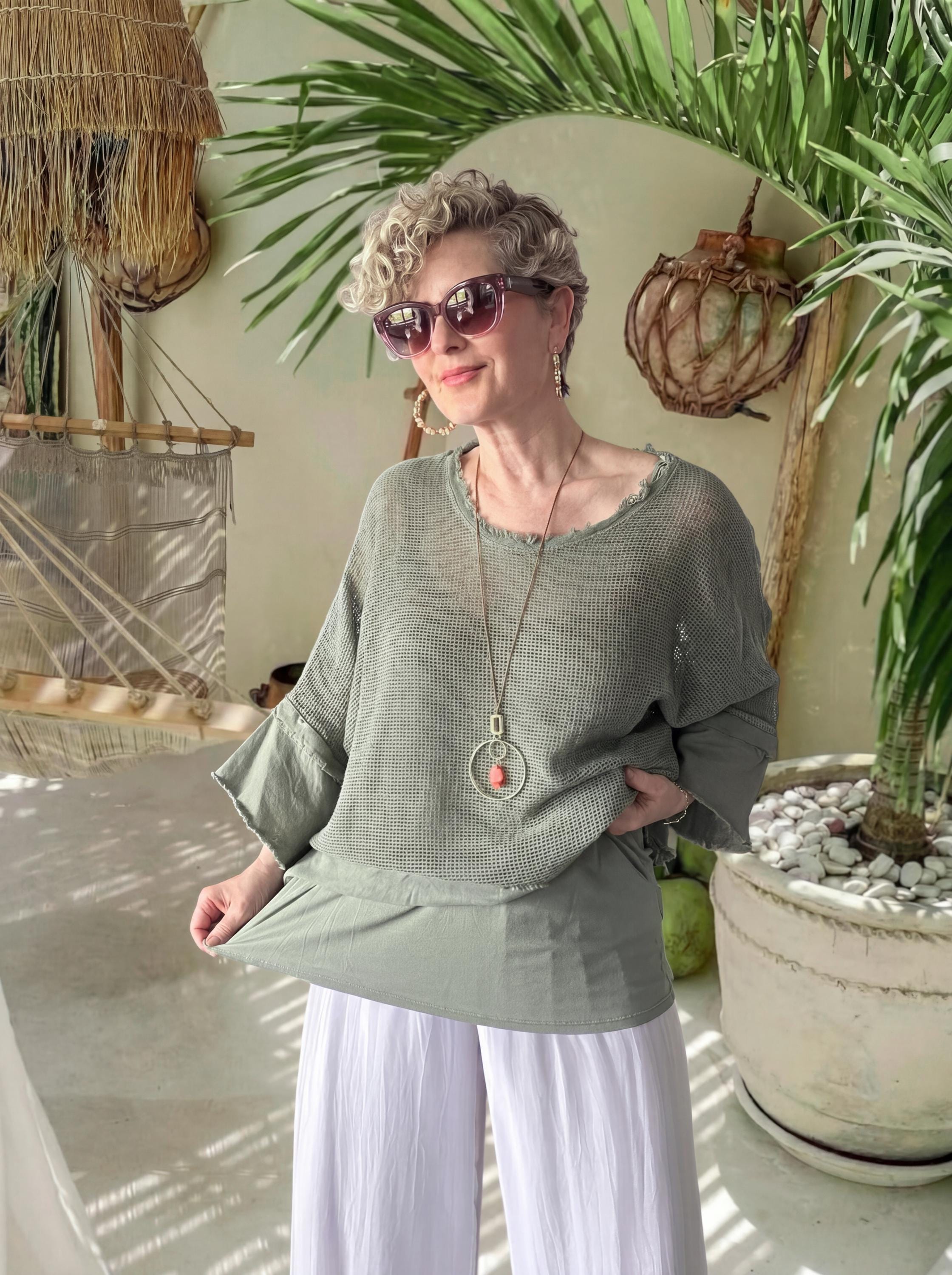 Oversized Mesh Tunic Set, Wide Sleeve Boho Layering Top, Plus Size Cami Blouse, Necklace Included