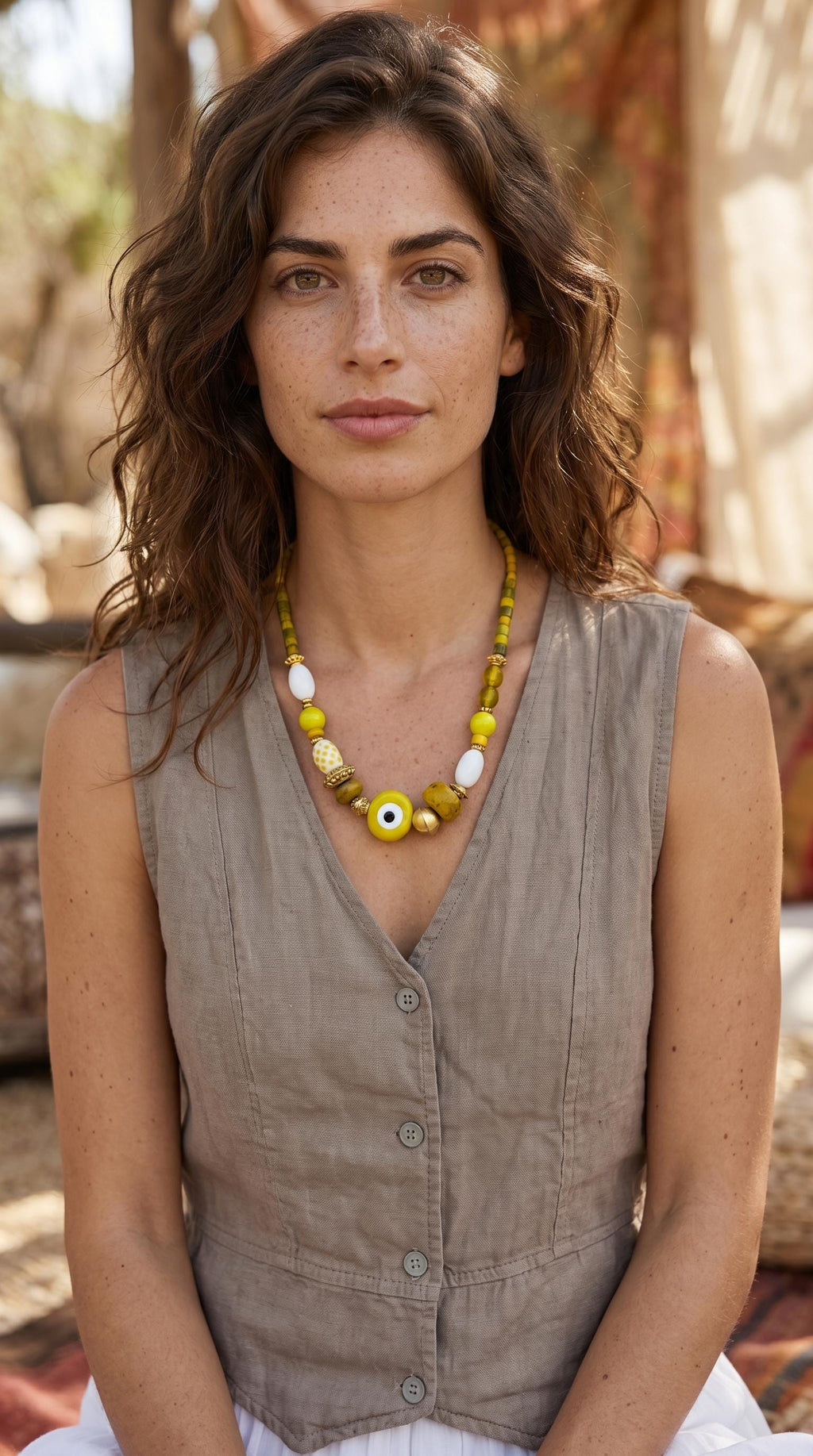 Boho Ethnic Brass & Glass Beaded Necklace – Handmade – Evil Eye Detail