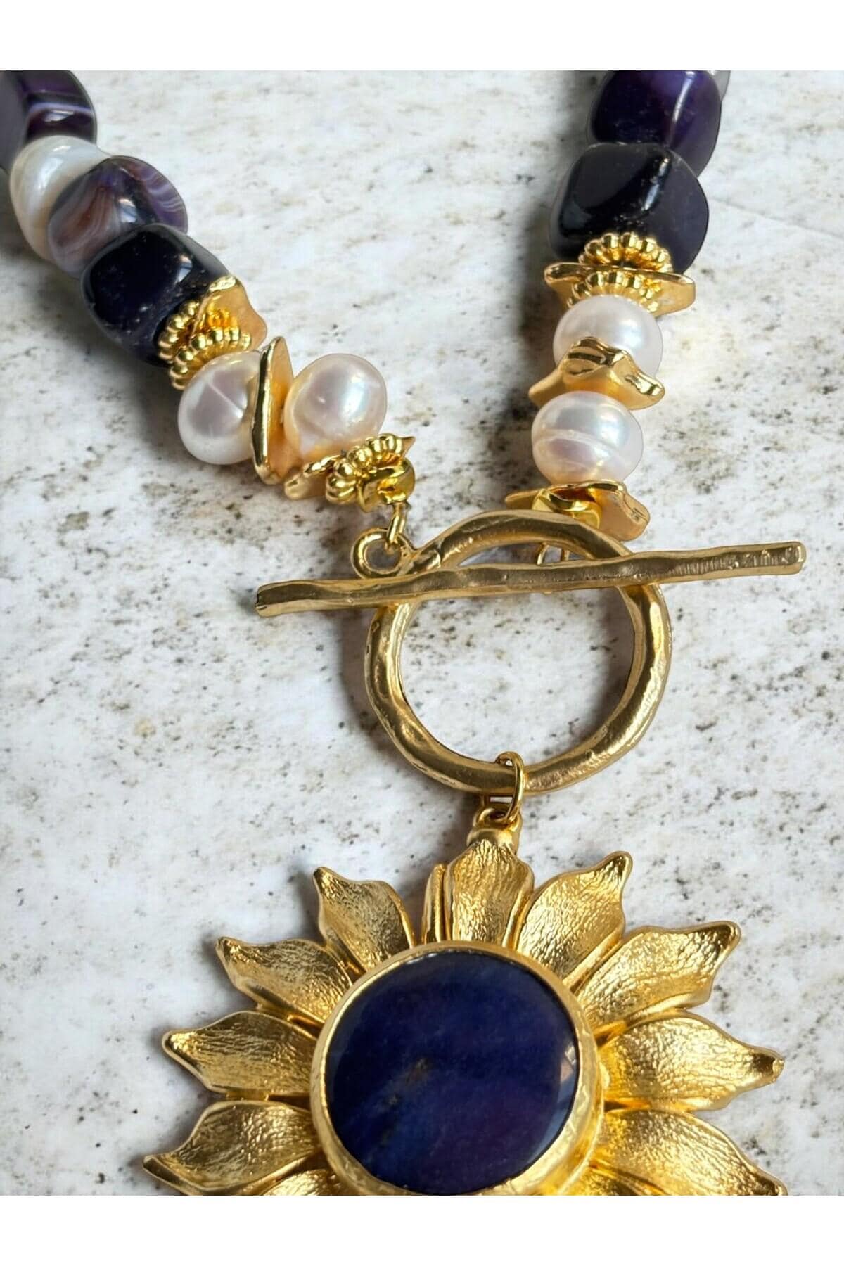 Handmade Gemstone Necklace | Amethyst Pearl Agate Lapis Lazuli Gold Plated Jewelry
