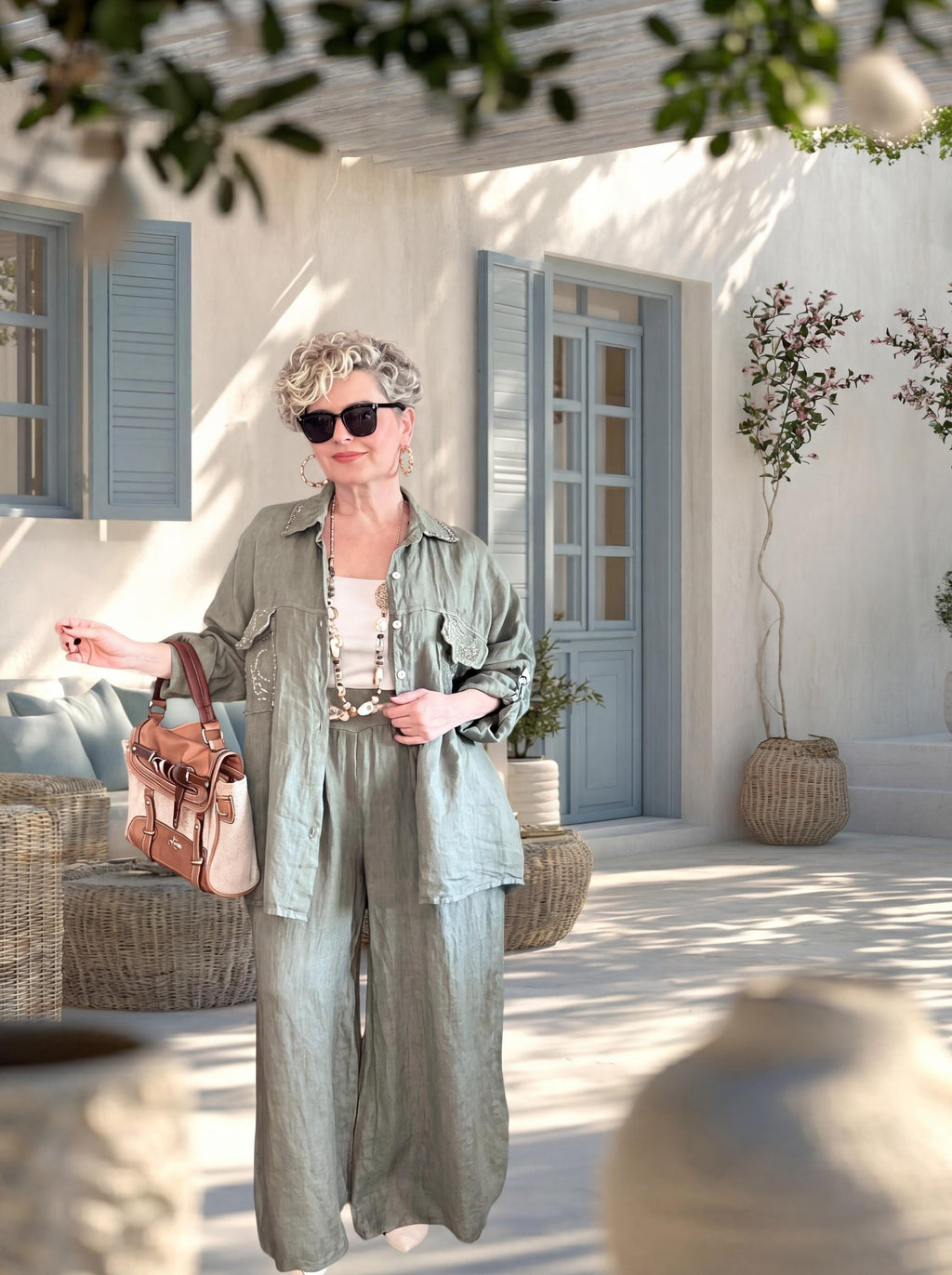 Italian Linen Set, Mesh Sequin Shirt Jacket and Pants, One Size