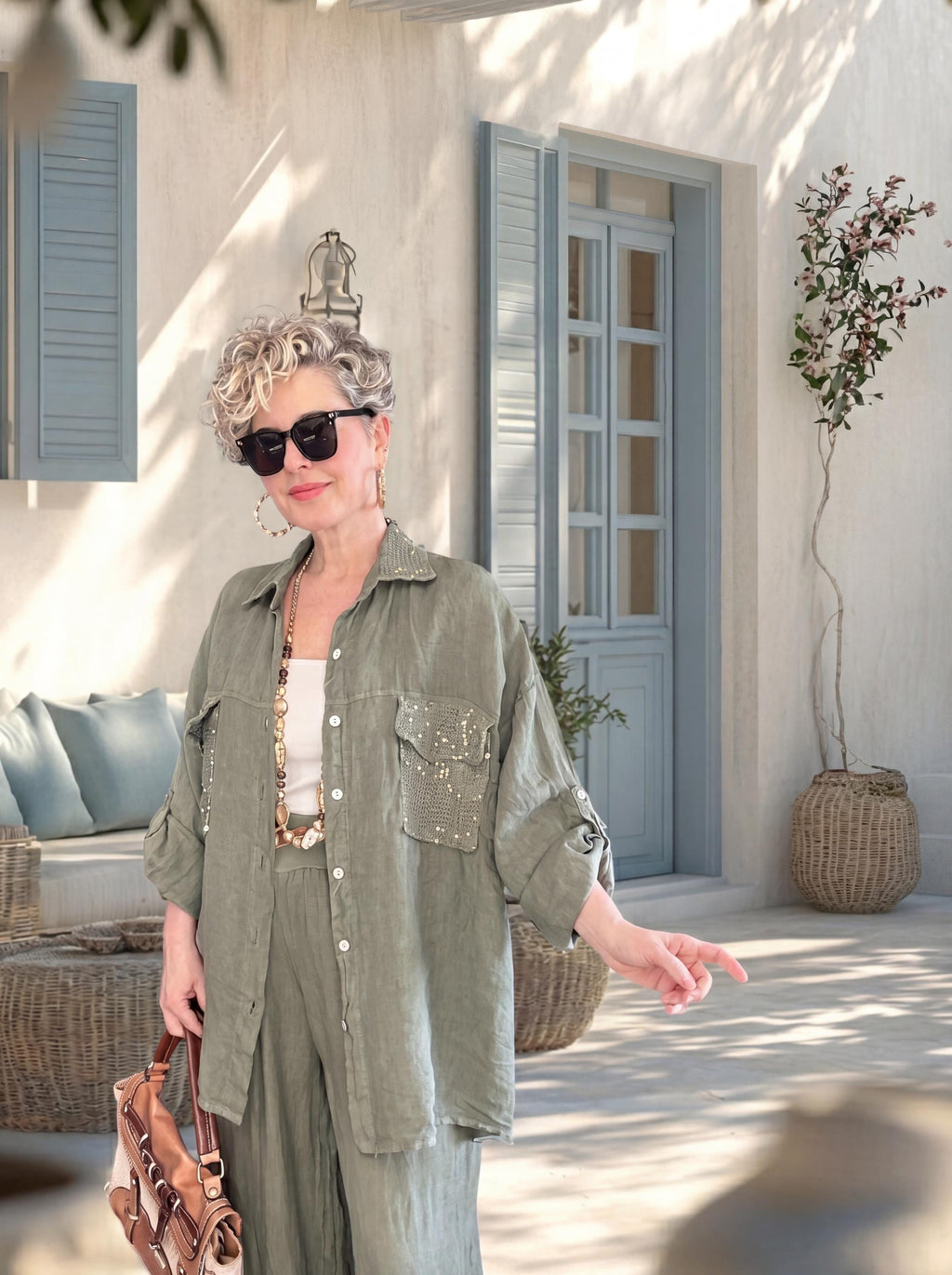 Italian Linen Set, Mesh Sequin Shirt Jacket and Pants, One Size