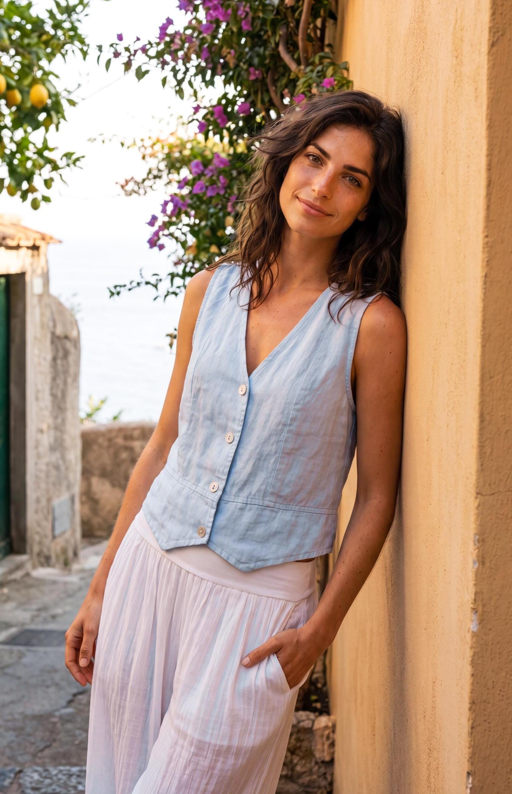 Italian Linen Vest Women, Asymmetric V-Neck Button Down Sleeveless Top