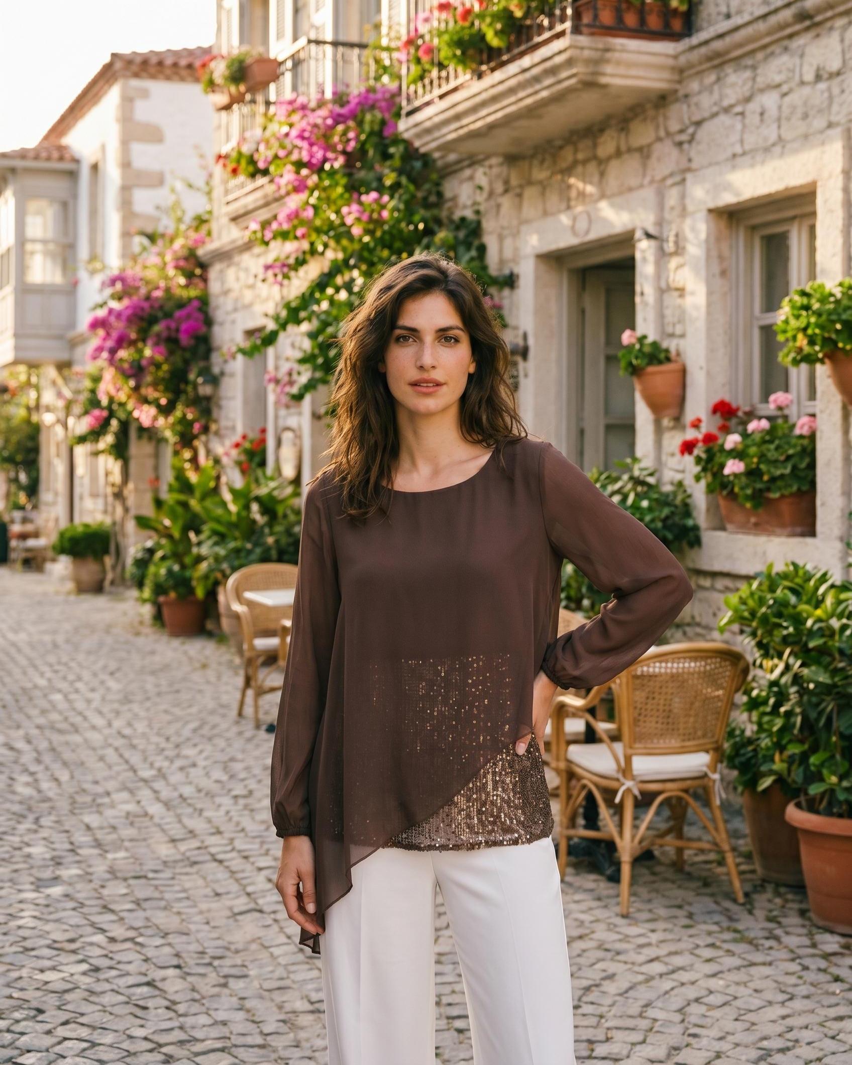 Italian Silk Blend Asymmetrical Sequin Tunic Top, Flowy Drape Evening Shirt