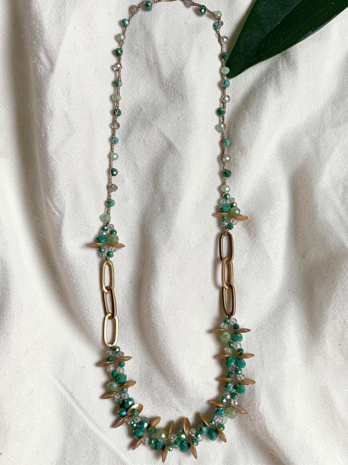 Boho Glass Beaded Necklace, Hand-Knitted Cord, Artisan Jewelry Style