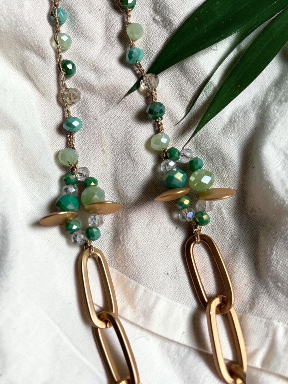 Boho Glass Beaded Necklace, Hand-Knitted Cord, Artisan Jewelry Style