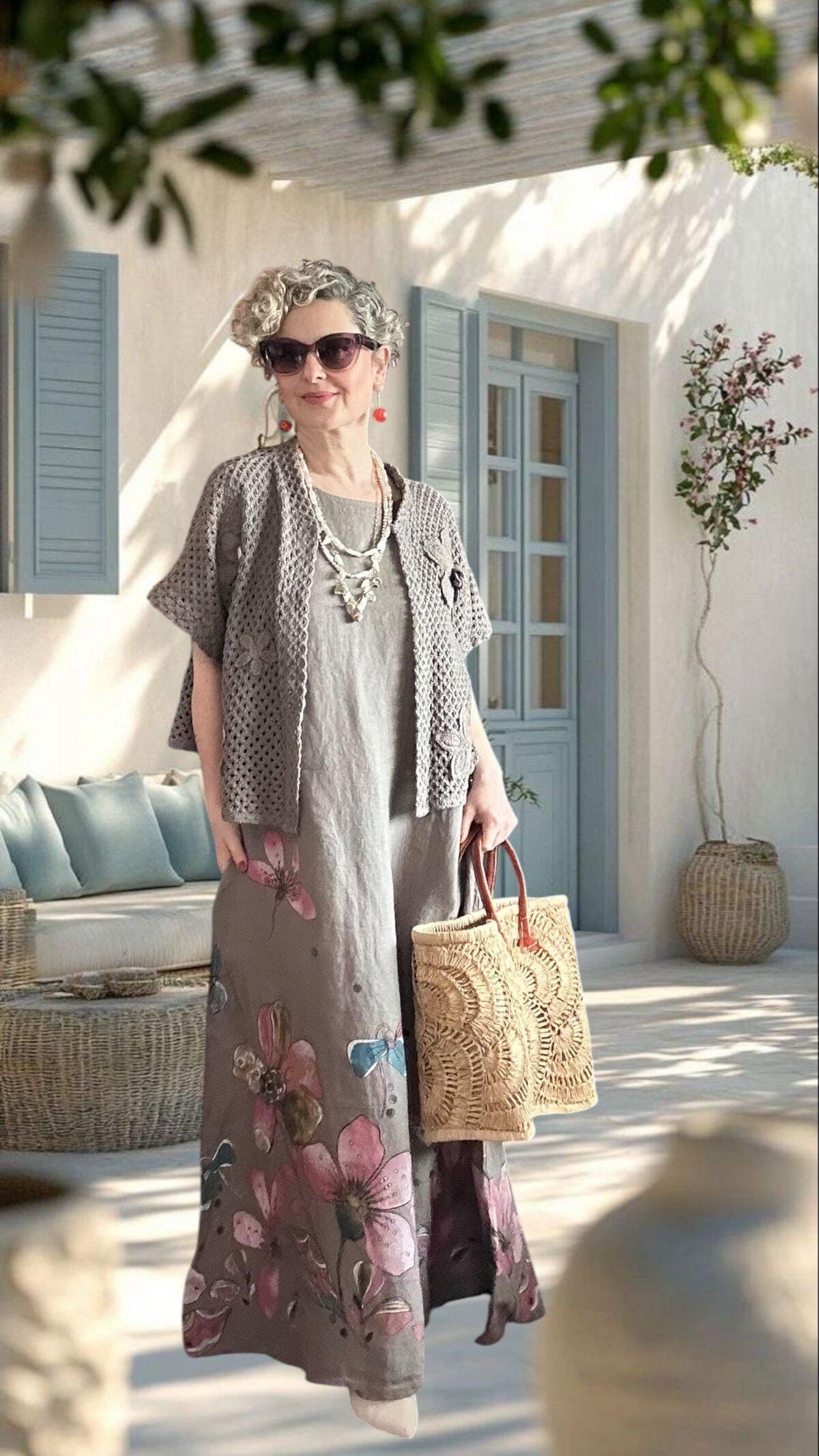Italian Linen Maxi Dress Set, Cotton Knit Cardigan, Boho Summer Outfit