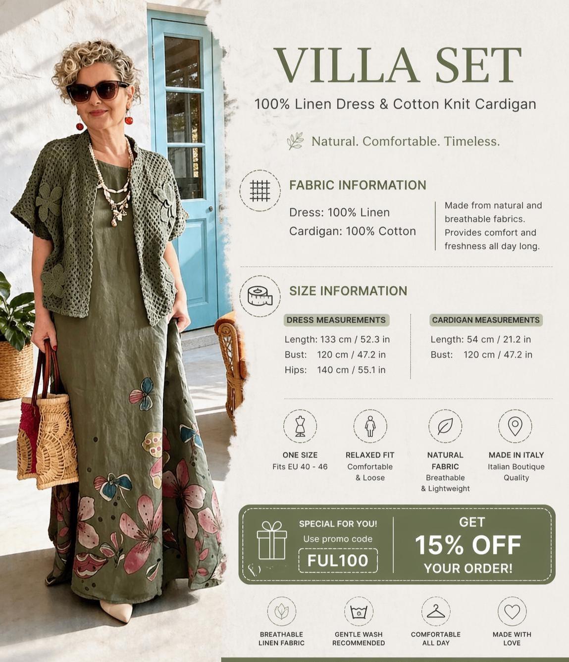 Italian Linen Maxi Dress Set, Cotton Knit Cardigan, Boho Summer Outfit