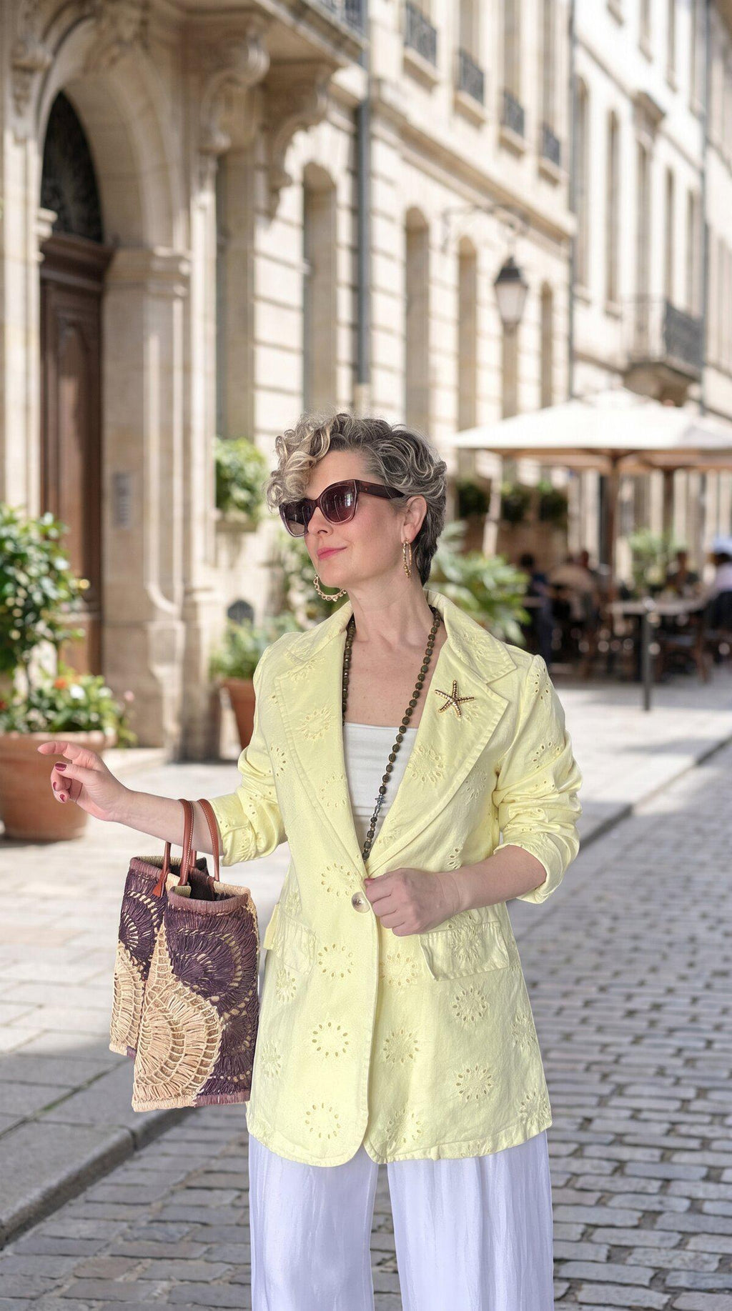 Yellow Cotton Blazer with Broderie Embroidery & Starfish Brooch