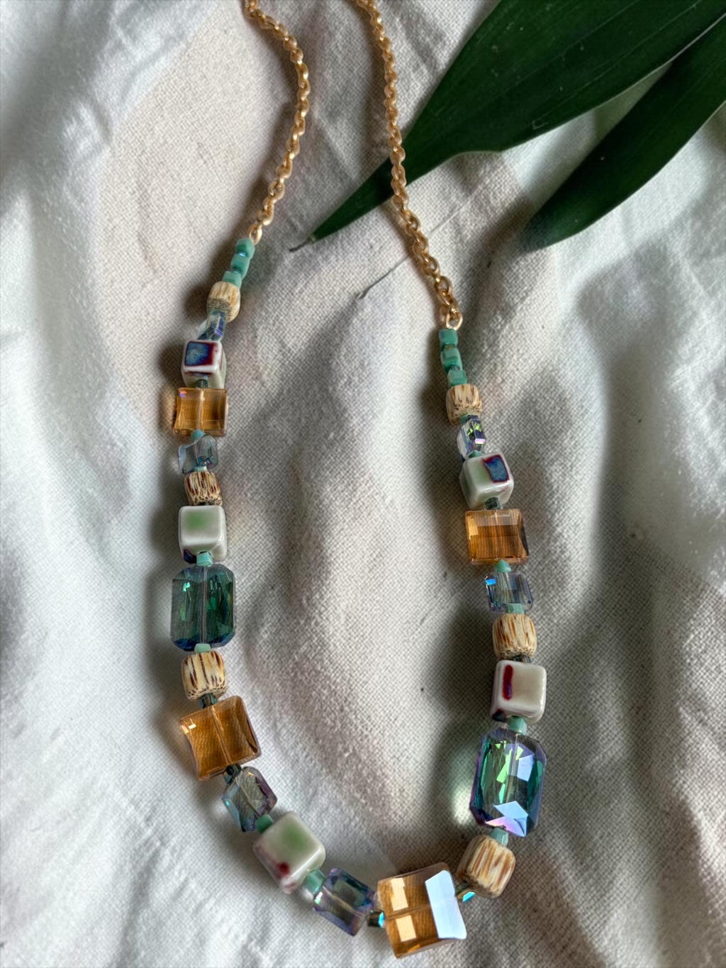 Handmade Prague Glass Stone Necklace, Boho Colorful Statement Jewelry, Artisan Beaded Design