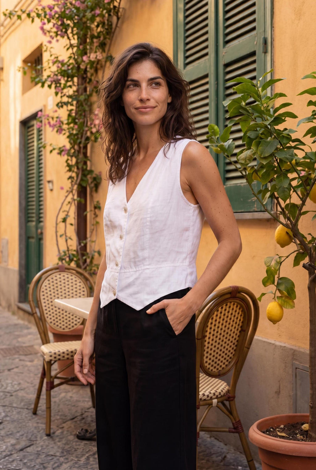 Italian Linen Vest Women, Asymmetric V-Neck Button Down Sleeveless Top
