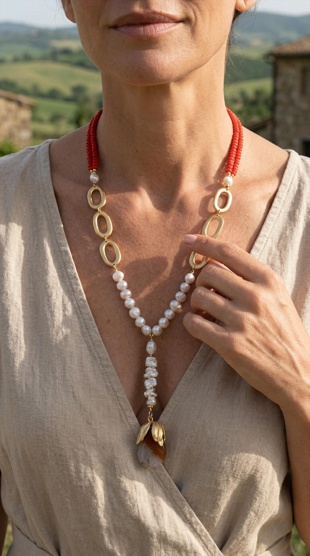 Handmade Pearl Agate Mother of Pearl Necklace, Gold Plated Boho Elegant Jewelry