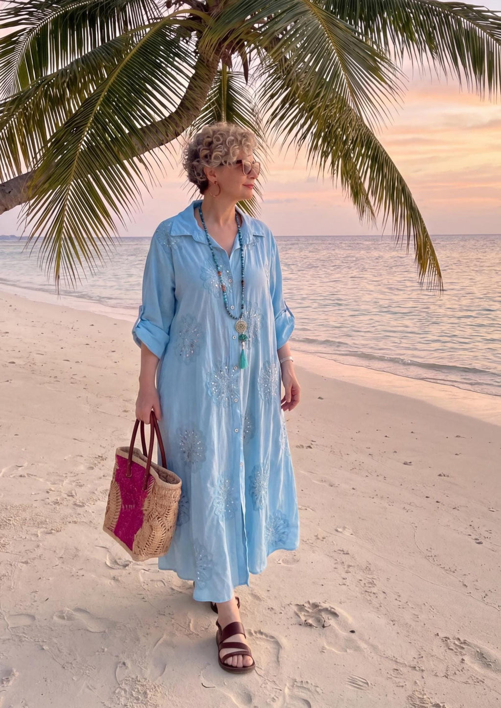Italian Cotton Sequin Embroidered Shirt Dress, Beach Cover Up Kaftan, Resort Wear