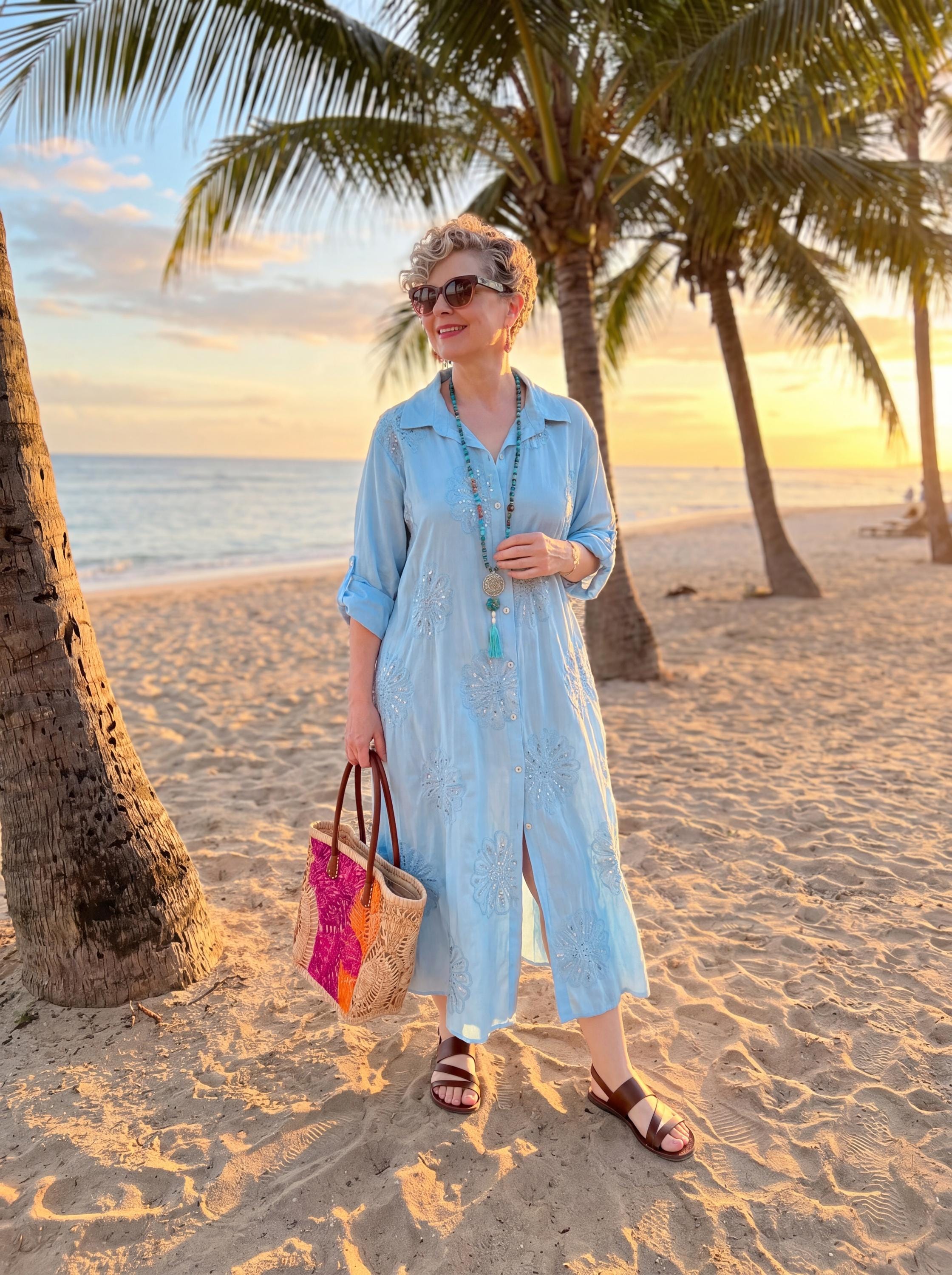Italian Cotton Sequin Embroidered Shirt Dress, Beach Cover Up Kaftan, Resort Wear