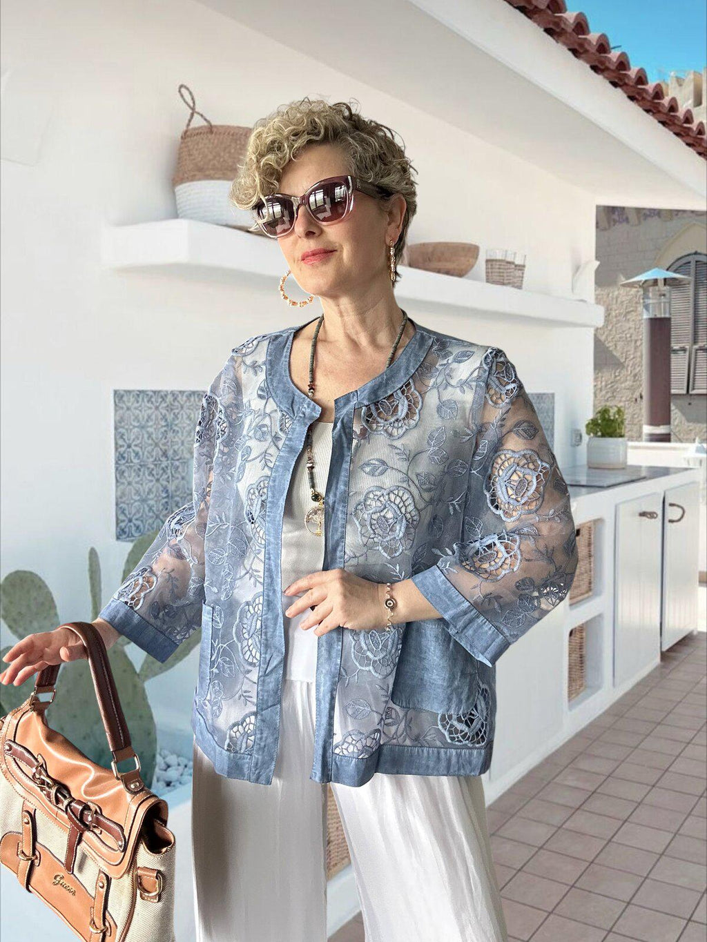 Lunna Italian Lace Embroidered Jacket Indigo, Oversized Cotton Boho Jacket, Chic Lightweight Summer Layer