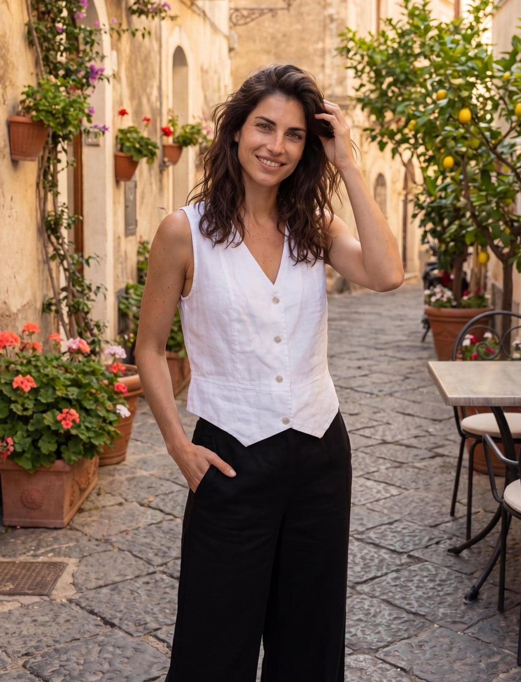 Italian Linen Vest Women, Asymmetric V-Neck Button Down Sleeveless Top