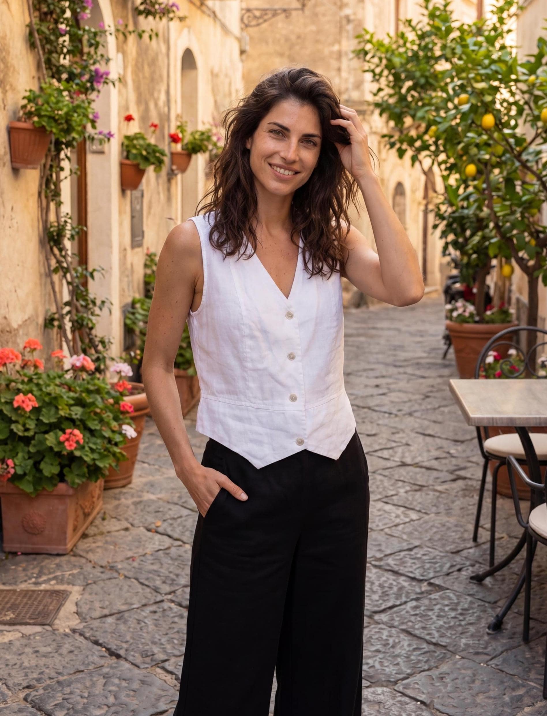 Italian Linen Vest Women, Asymmetric V-Neck Button Down Sleeveless Top