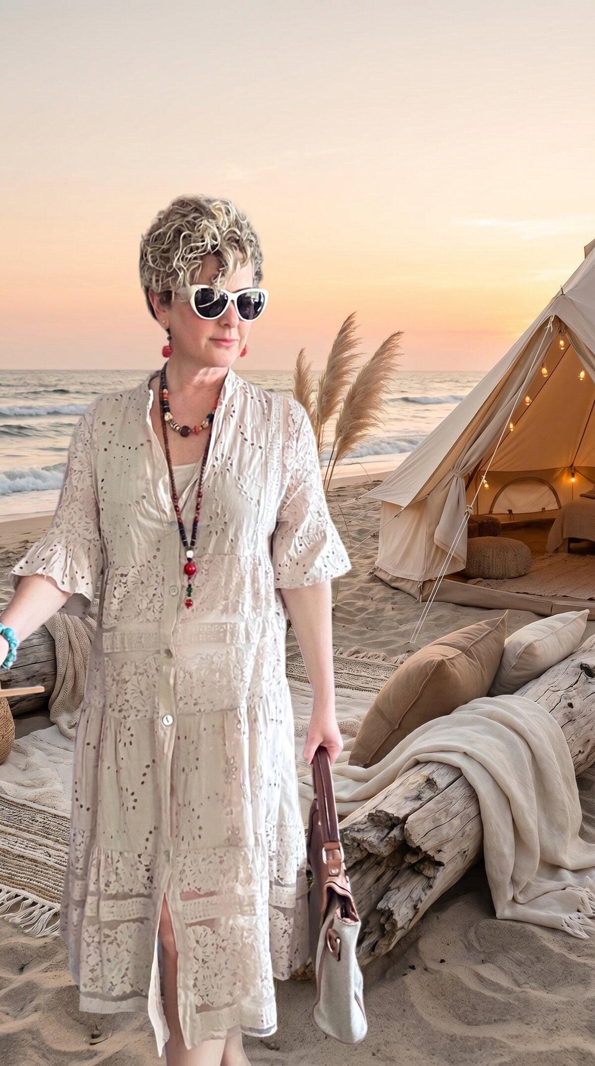 Italian Embroidered Shirt Dress Beige