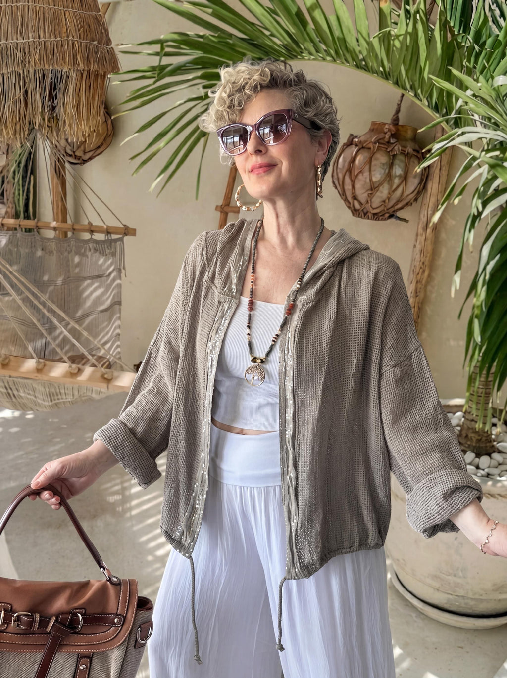 Italian Cotton Hooded Mesh Cardigan, Sequin Trim Open Weave Jacket, Boho Beach Cover Up, Lightweight Summer Kimono, Made in Italy