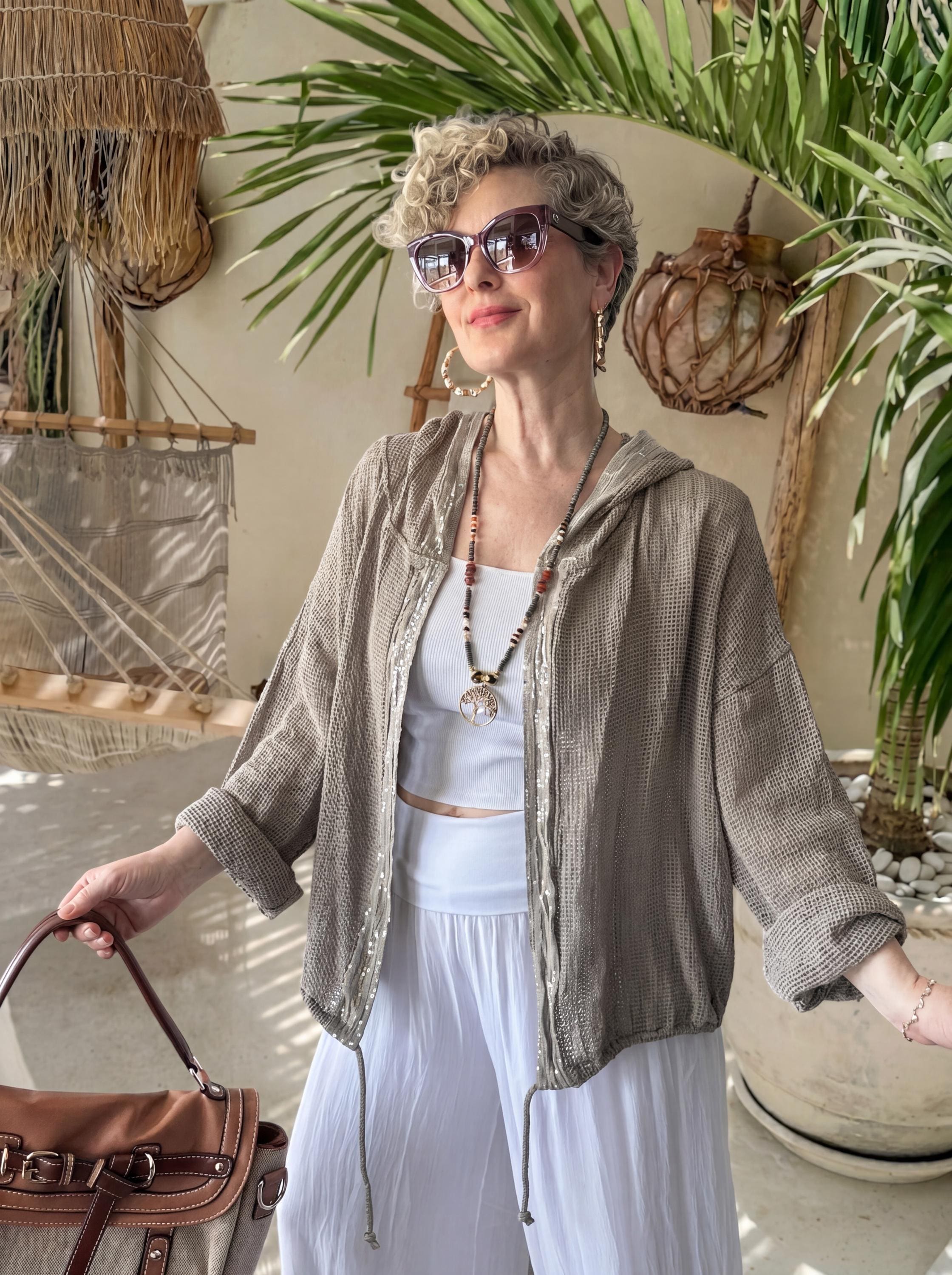 Italian Cotton Hooded Mesh Cardigan, Sequin Trim Open Weave Jacket, Boho Beach Cover Up, Lightweight Summer Kimono, Made in Italy