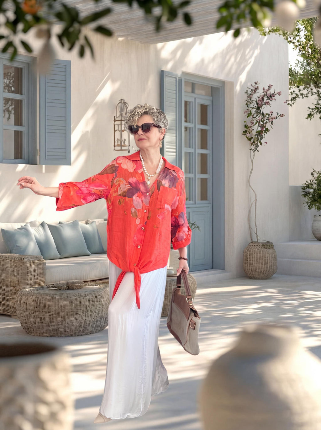 Made in Italy Floral Linen Tie Front Blouse, Oversized Boho Summer Shirt