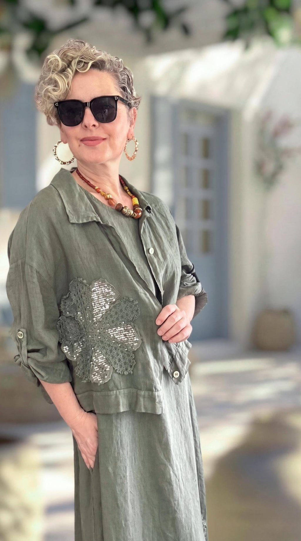 Italian Linen Maxi Dress and Cropped Jacket Set, Daisy Motif Resort Wear
