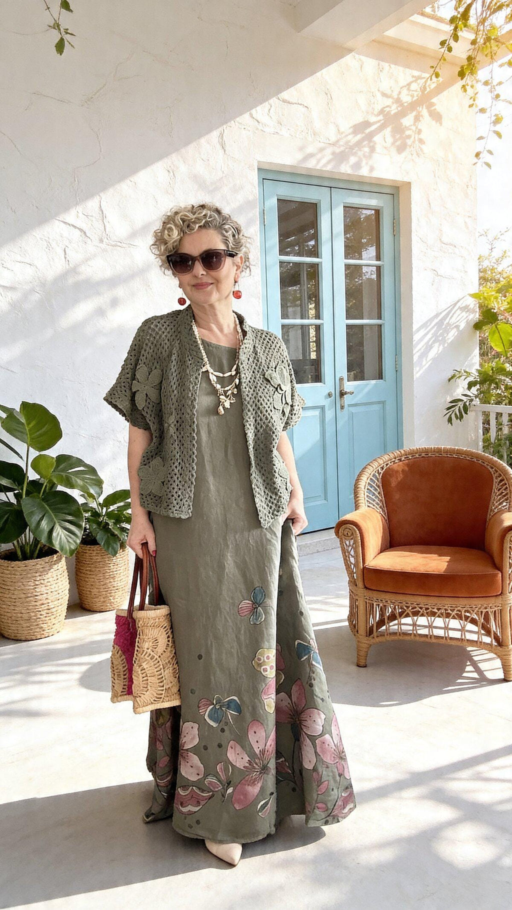 Italian Linen Maxi Dress Set, Cotton Knit Cardigan, Boho Summer Outfit