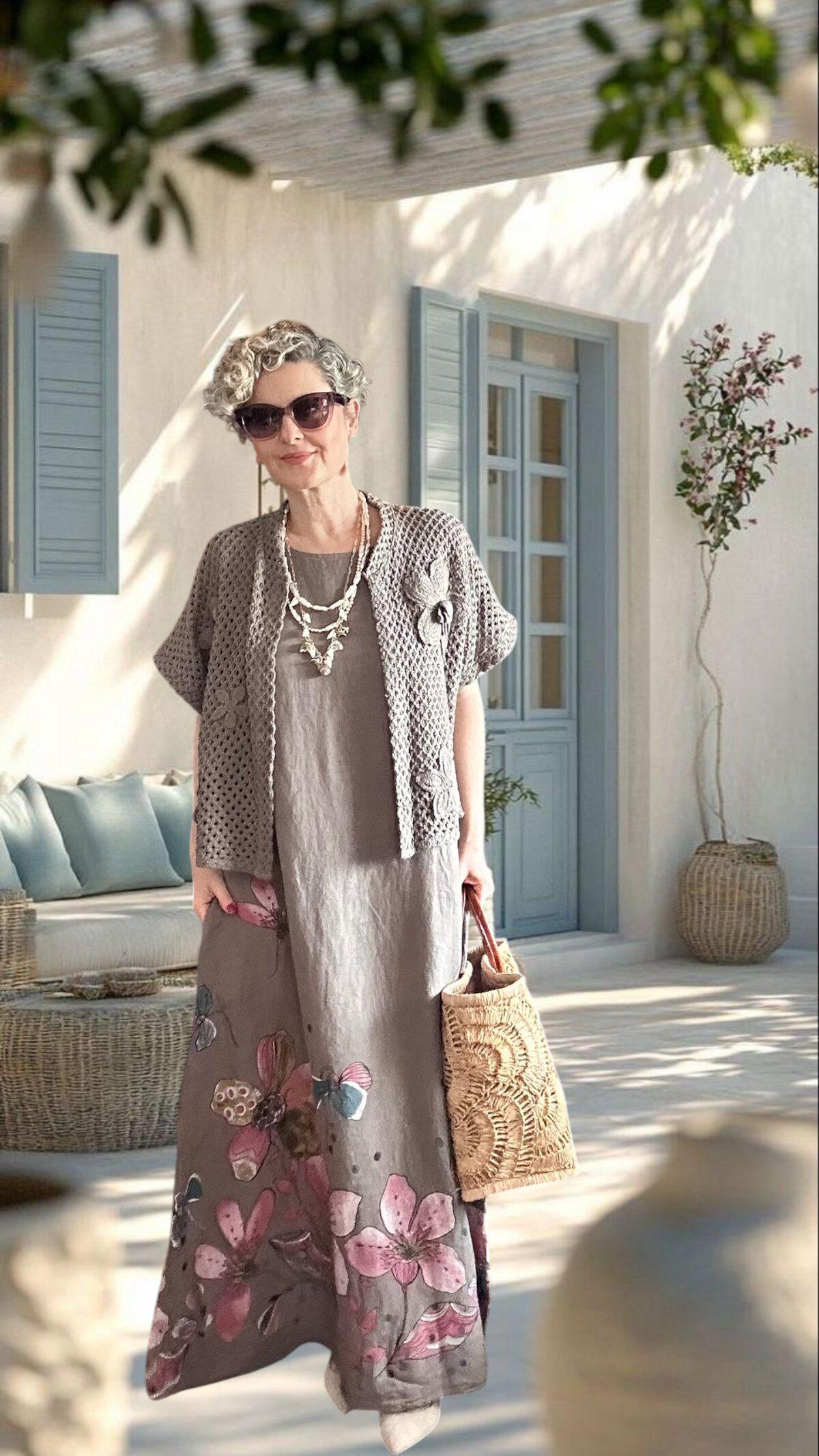 Italian Linen Maxi Dress Set, Cotton Knit Cardigan, Boho Summer Outfit
