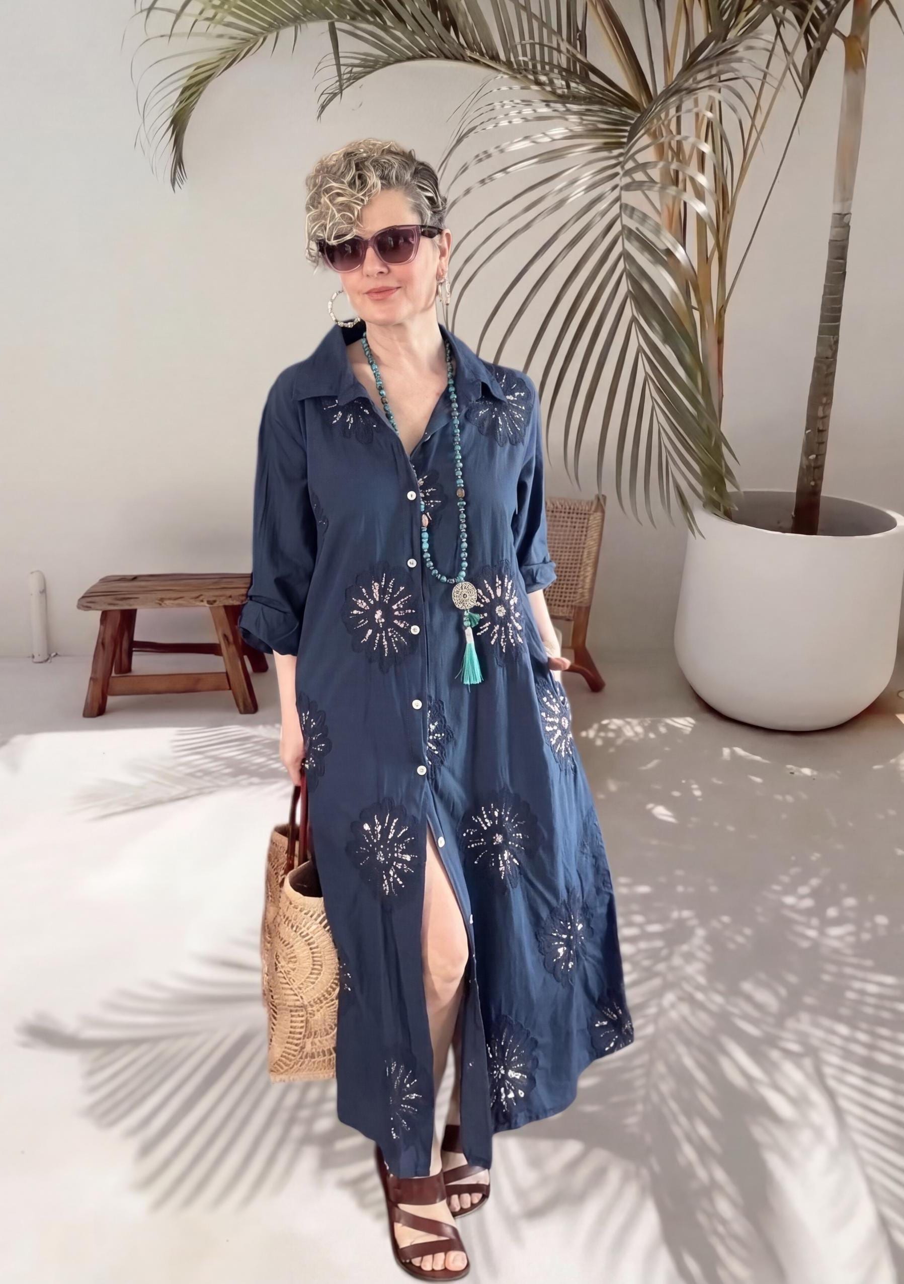 Italian Cotton Sequin Embroidered Shirt Dress, Beach Cover Up Kaftan, Resort Wear
