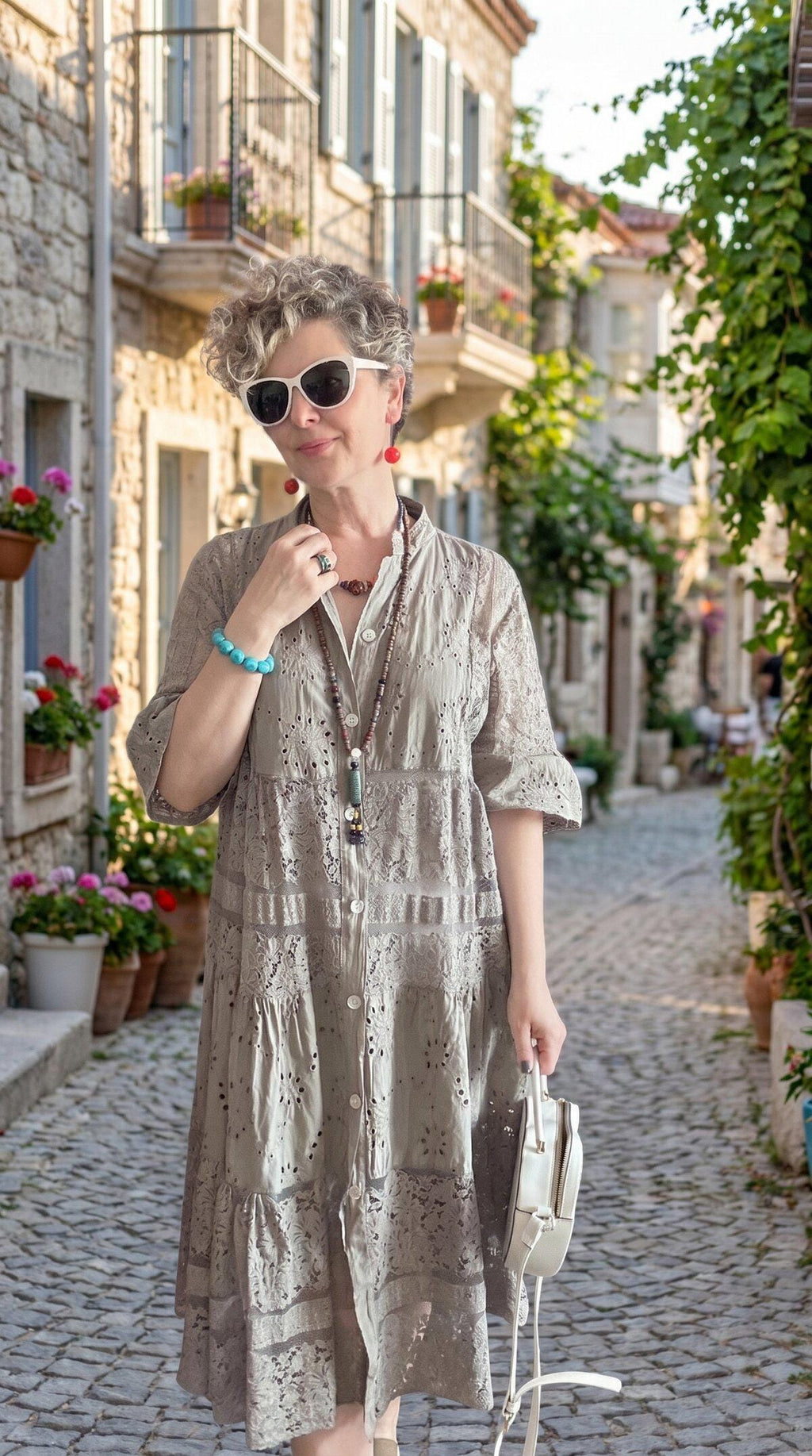 Italian Embroidered Shirt Dress Beige