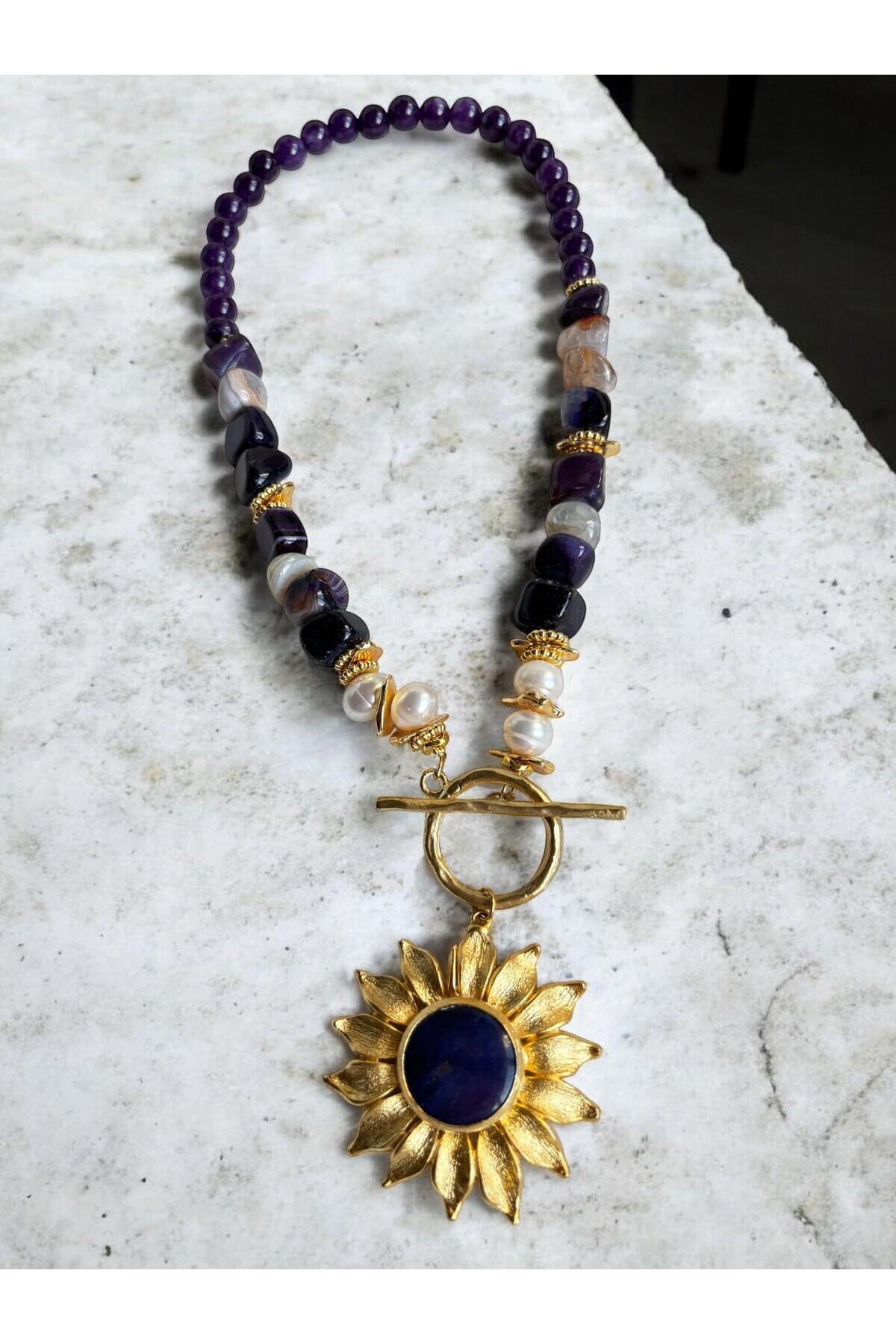 Handmade Gemstone Necklace | Amethyst Pearl Agate Lapis Lazuli Gold Plated Jewelry