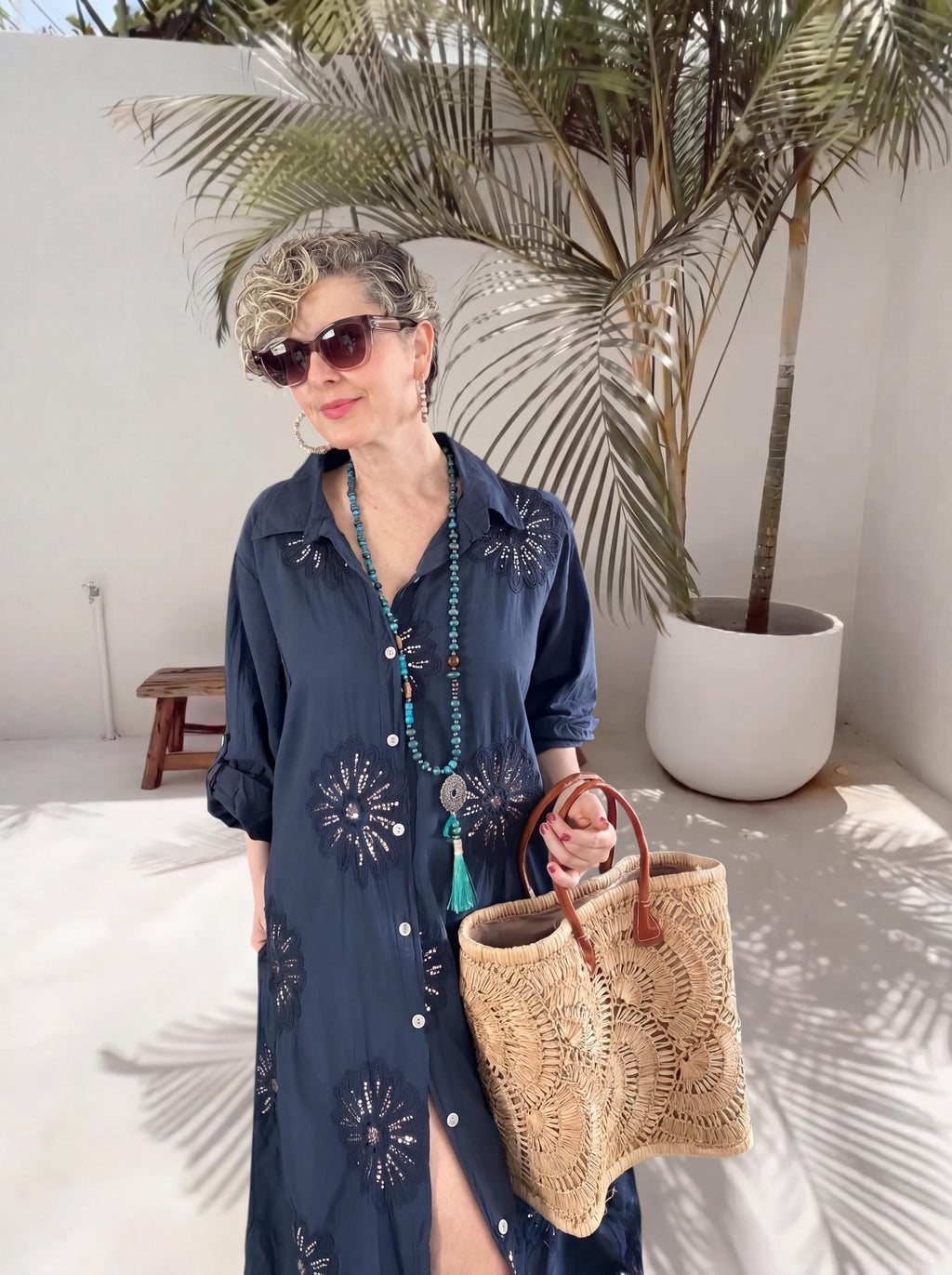 Italian Cotton Sequin Embroidered Shirt Dress, Beach Cover Up Kaftan, Resort Wear